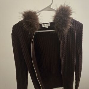 Chic Brown Cardigan with Faux Fur Collar